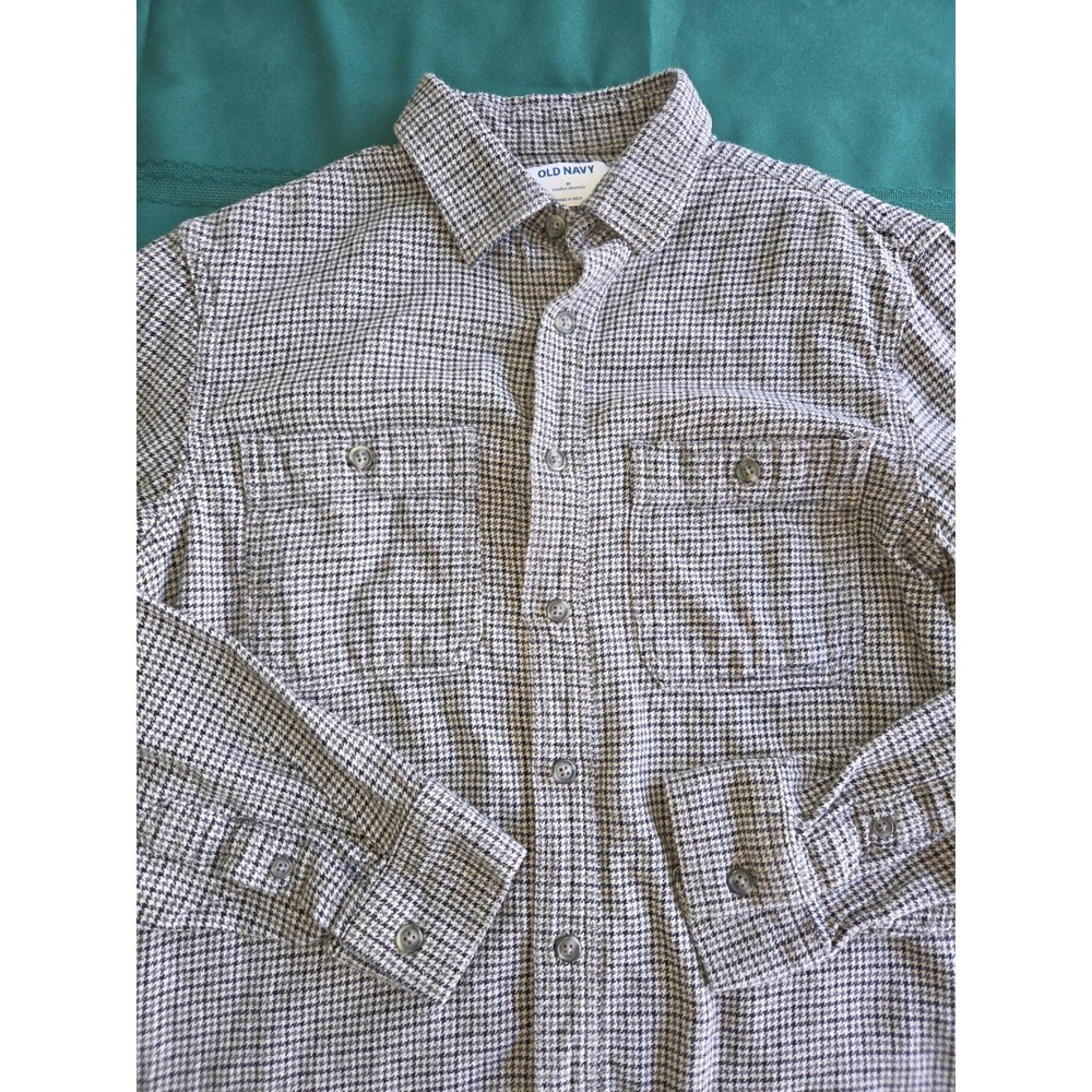 Old Navy Mens Houndstooth Flannel Shirt Black White Double Brushed Size M